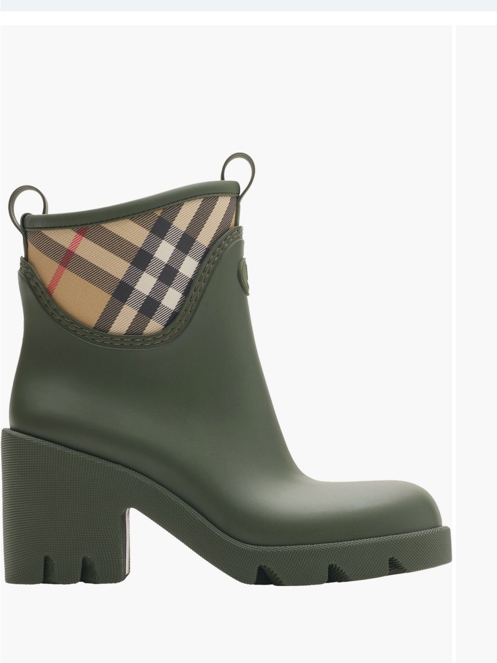 Burberry Olive Green Block Heel Rain Ankle Boot with Signature Check, NEW